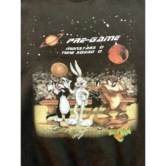 Vtg 1996 Space Jam Warner Brothers Black Sweatshirt Crew Neck Basketball Sz Med? - Picture 3 of 8